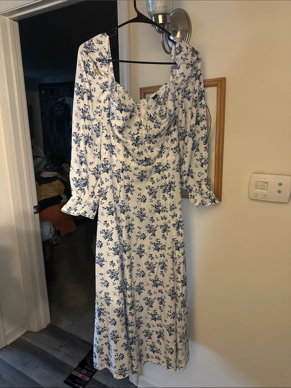 White and Blue Floral Midi Dress